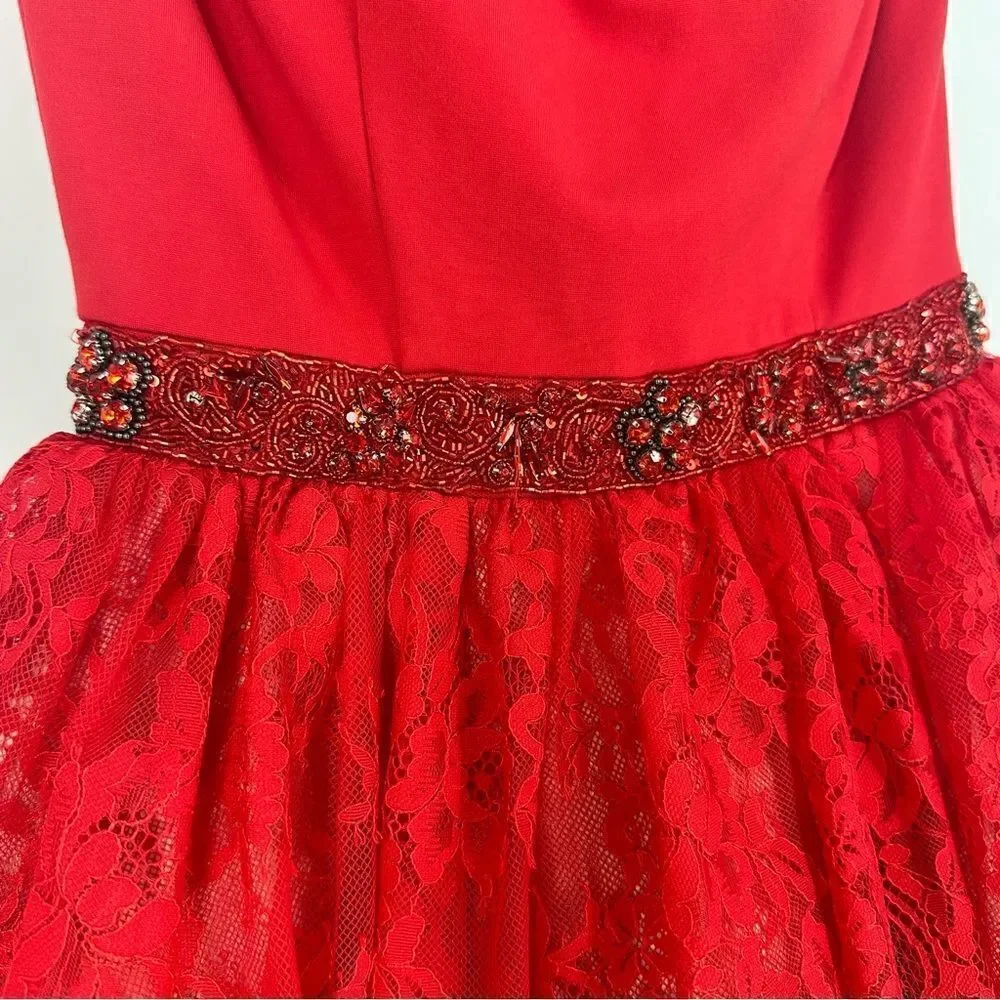 SHERRI HILL Red Lace V-neck with Beaded Waist Sz 4